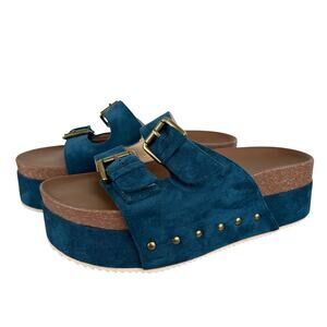 Dark Blue Faux Suede Double Buckle Straps Platform Slip On Slide Sandals (7.5)